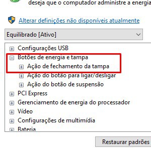 6 – Uma janela se abrirá. Procure por Botões de energia e tampa e entre em Ação de fechamento de tampa. 