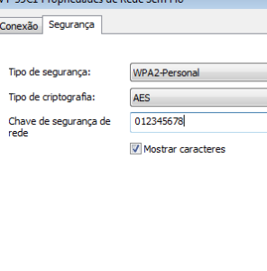 6-Selecione a aba Segurança e marque a caixa Mostrar caracteres. Após clicar nessa opção, a senha será exibida em “Chave de segurança da rede”.