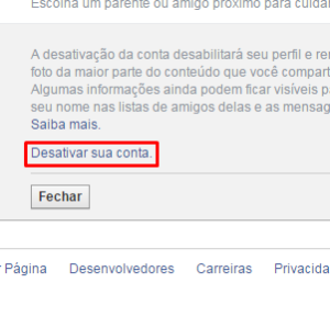 4-Após isso, aparecerá uma mensagem alertando sobre o procedimento. Embaixo, haverá novamente a opção “Desativar Conta”. Clique nela para continuar o processo.