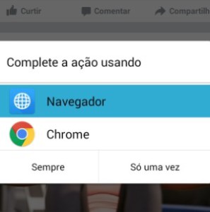 3 – Clique em algum link do Facebook. Na primeira vez, você terá que escolher um navegador. Marque sempre para que o app memorize sua preferência. 