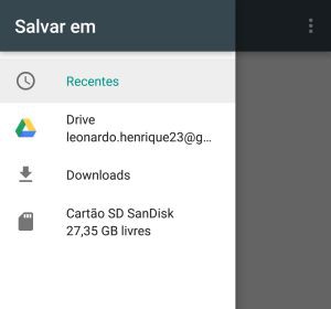 6-Essa etapa é onde deseja salvar os dados. Caso queira salvar no cartão SD, clique sobre o nome dele. Se deseja salvar em sua conta do Drive, é só clicar na primeira opção. Depois é só escolher um nome para o arquivo e clicar em salvar, para concluir o procedimento. |Crédito: Reprodução