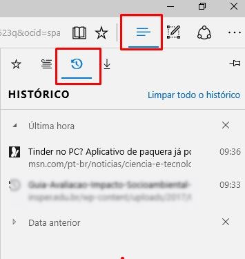 No canto superior direito, clique nas três listras horizontais. Depois, no reloginho (ambos estão indicados pelo quadrado vermelho na figura). Aí, é só ir no link que deseja recuperar.