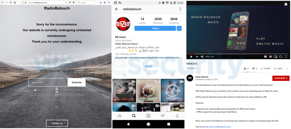 site da Radio Balouch (à esquerda), conta do Instagram (centro) e vídeo promocional do YouTube (à direita)